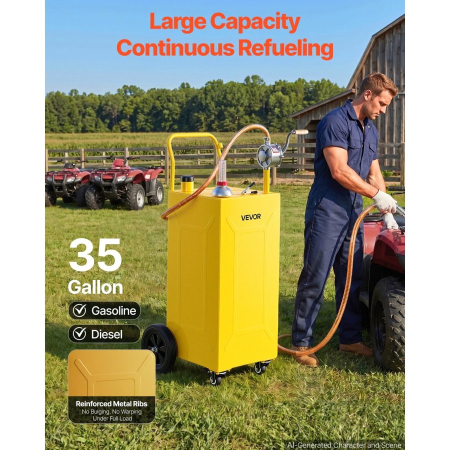 VEVOR 132.5L Fuel Gas Caddy, Carbon Steel, Portable Fuel Transfer Storage Tank with Manual Pump and 4 Wheels, Gasoline Diesel Can Container, for Cars, Lawn Mowers, ATVs, Boats, Motorcycles, Yellow