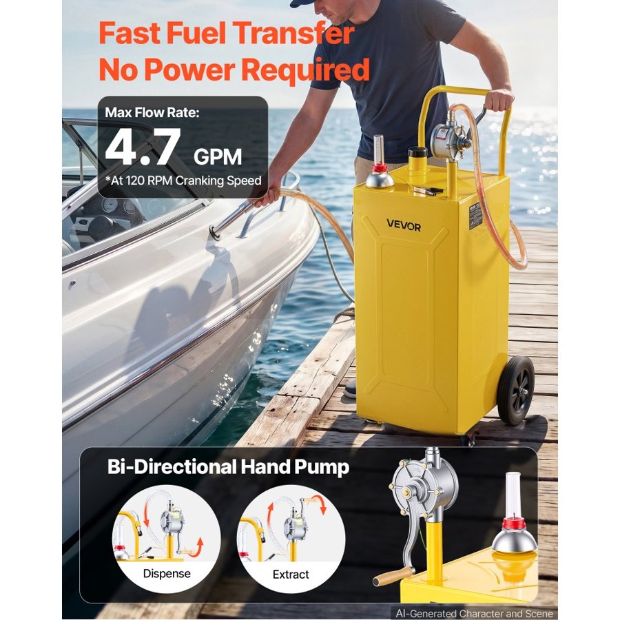 VEVOR 132.5L Fuel Gas Caddy, Carbon Steel, Portable Fuel Transfer Storage Tank with Manual Pump and 4 Wheels, Gasoline Diesel Can Container, for Cars, Lawn Mowers, ATVs, Boats, Motorcycles, Yellow