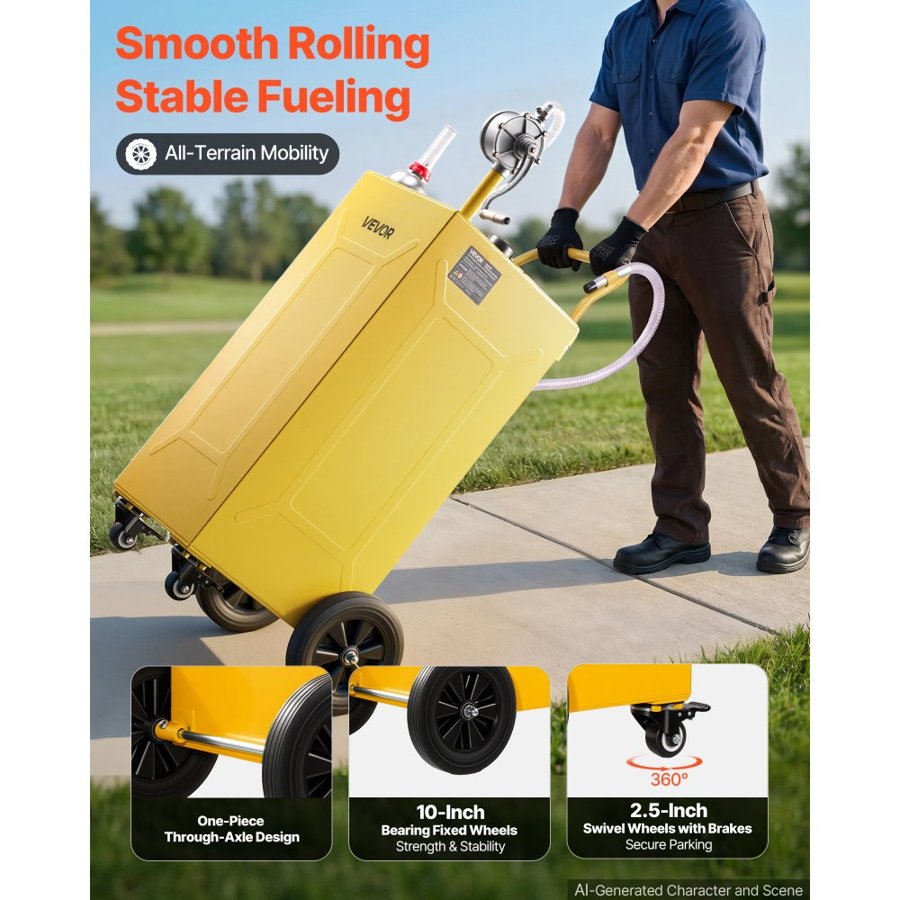 VEVOR 132.5L Fuel Gas Caddy, Carbon Steel, Portable Fuel Transfer Storage Tank with Manual Pump and 4 Wheels, Gasoline Diesel Can Container, for Cars, Lawn Mowers, ATVs, Boats, Motorcycles, Yellow