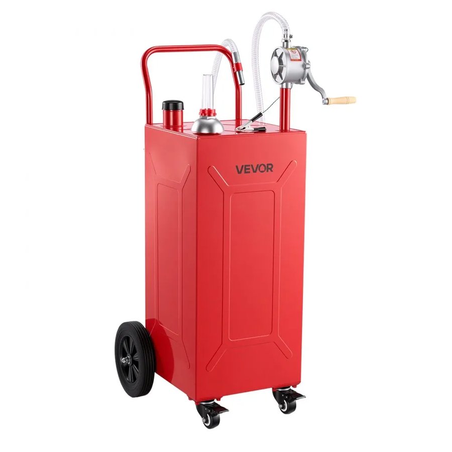 VEVOR 113.6L Fuel Gas Caddy, Carbon Steel, Portable Fuel Transfer Storage Tank with Manual Pump & 4 Rolling Wheels, Gasoline Diesel Can Container, for Cars, Lawn Mowers, ATVs, Boats, Motorcycles, Red