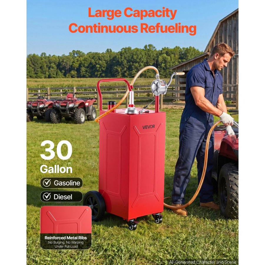 VEVOR 113.6L Fuel Gas Caddy, Carbon Steel, Portable Fuel Transfer Storage Tank with Manual Pump & 4 Rolling Wheels, Gasoline Diesel Can Container, for Cars, Lawn Mowers, ATVs, Boats, Motorcycles, Red