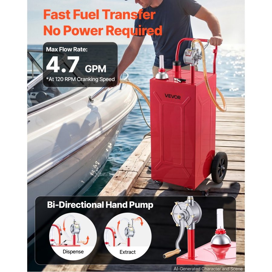 VEVOR 113.6L Fuel Gas Caddy, Carbon Steel, Portable Fuel Transfer Storage Tank with Manual Pump & 4 Rolling Wheels, Gasoline Diesel Can Container, for Cars, Lawn Mowers, ATVs, Boats, Motorcycles, Red