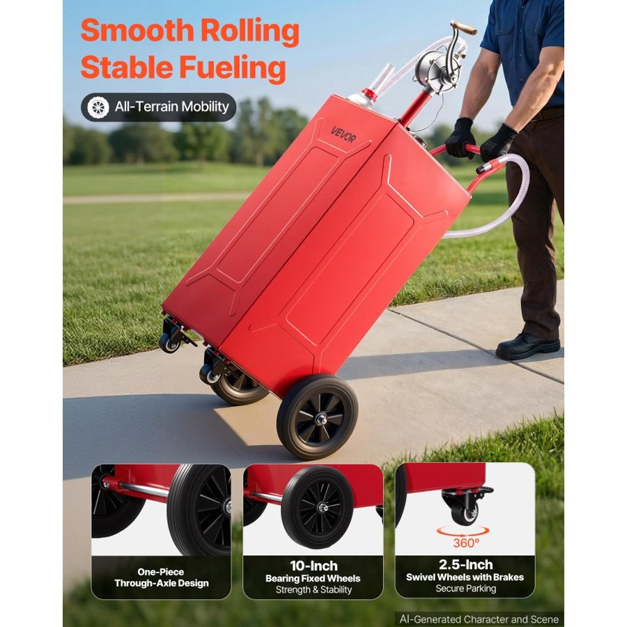 VEVOR 113.6L Fuel Gas Caddy, Carbon Steel, Portable Fuel Transfer Storage Tank with Manual Pump & 4 Rolling Wheels, Gasoline Diesel Can Container, for Cars, Lawn Mowers, ATVs, Boats, Motorcycles, Red