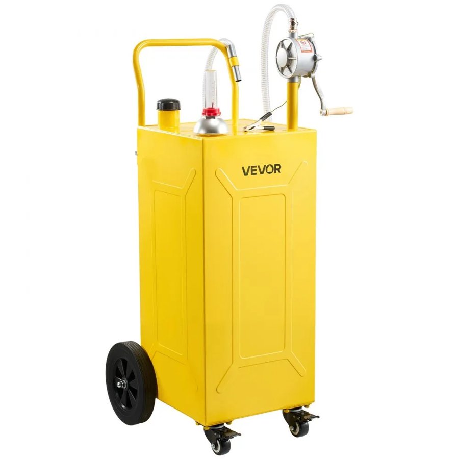 VEVOR 113.6L Fuel Gas Caddy, Carbon Steel, Portable Fuel Transfer Storage Tank with Manual Pump and 4 Wheels, Gasoline Diesel Can Container, for Cars, Lawn Mowers, ATVs, Boats, Motorcycles, Yellow