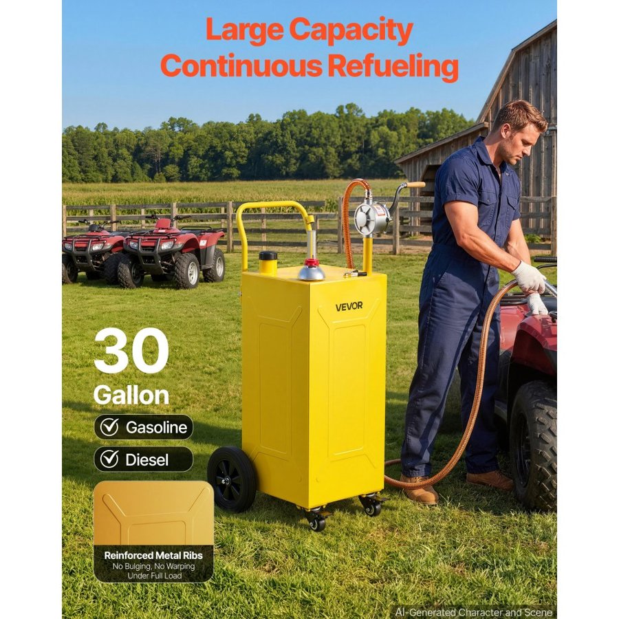 VEVOR 113.6L Fuel Gas Caddy, Carbon Steel, Portable Fuel Transfer Storage Tank with Manual Pump and 4 Wheels, Gasoline Diesel Can Container, for Cars, Lawn Mowers, ATVs, Boats, Motorcycles, Yellow
