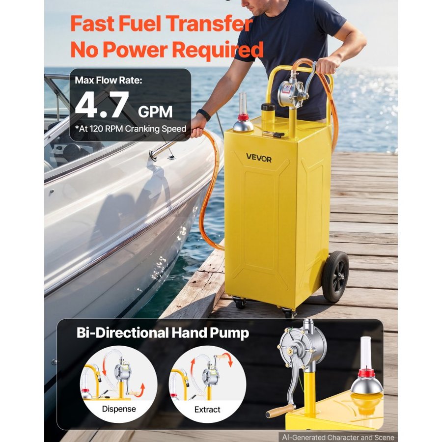 VEVOR 113.6L Fuel Gas Caddy, Carbon Steel, Portable Fuel Transfer Storage Tank with Manual Pump and 4 Wheels, Gasoline Diesel Can Container, for Cars, Lawn Mowers, ATVs, Boats, Motorcycles, Yellow