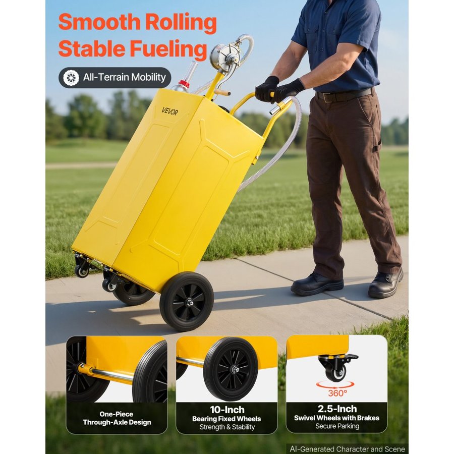 VEVOR 113.6L Fuel Gas Caddy, Carbon Steel, Portable Fuel Transfer Storage Tank with Manual Pump and 4 Wheels, Gasoline Diesel Can Container, for Cars, Lawn Mowers, ATVs, Boats, Motorcycles, Yellow