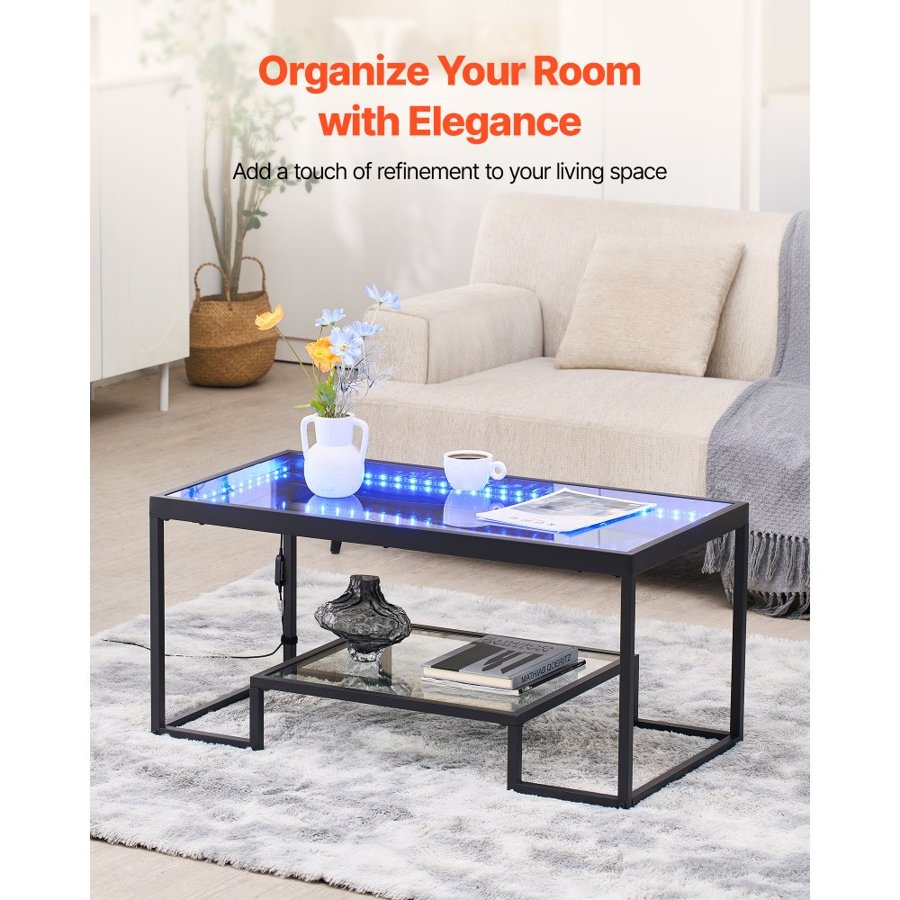 VEVOR Coffee Table with Tempered Glass – 2-Tier, 100 lbs