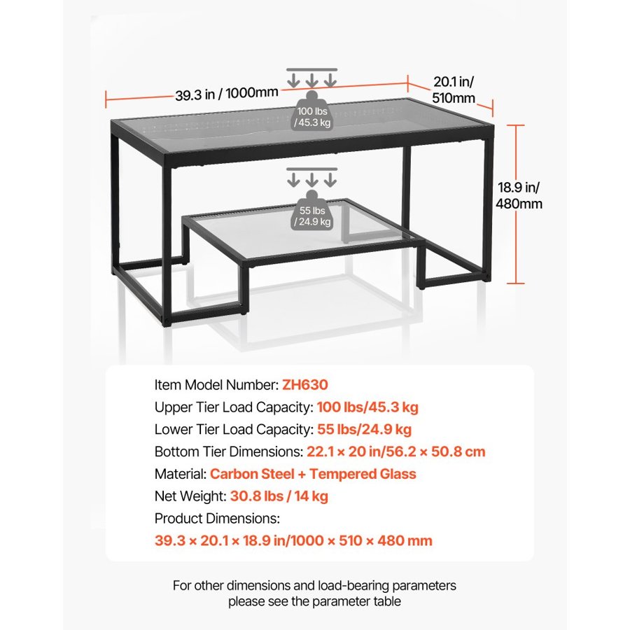 VEVOR Coffee Table with Tempered Glass – 2-Tier, 100 lbs