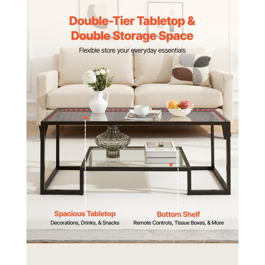 VEVOR Coffee Table with Tempered Glass – 2-Tier, 100 lbs