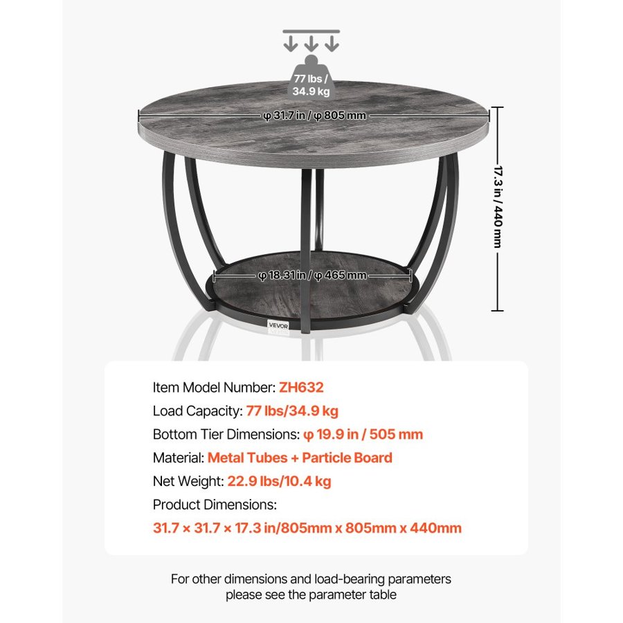 VEVOR Modern Round Coffee Table – 2-Tier, 31.6 In, Grey