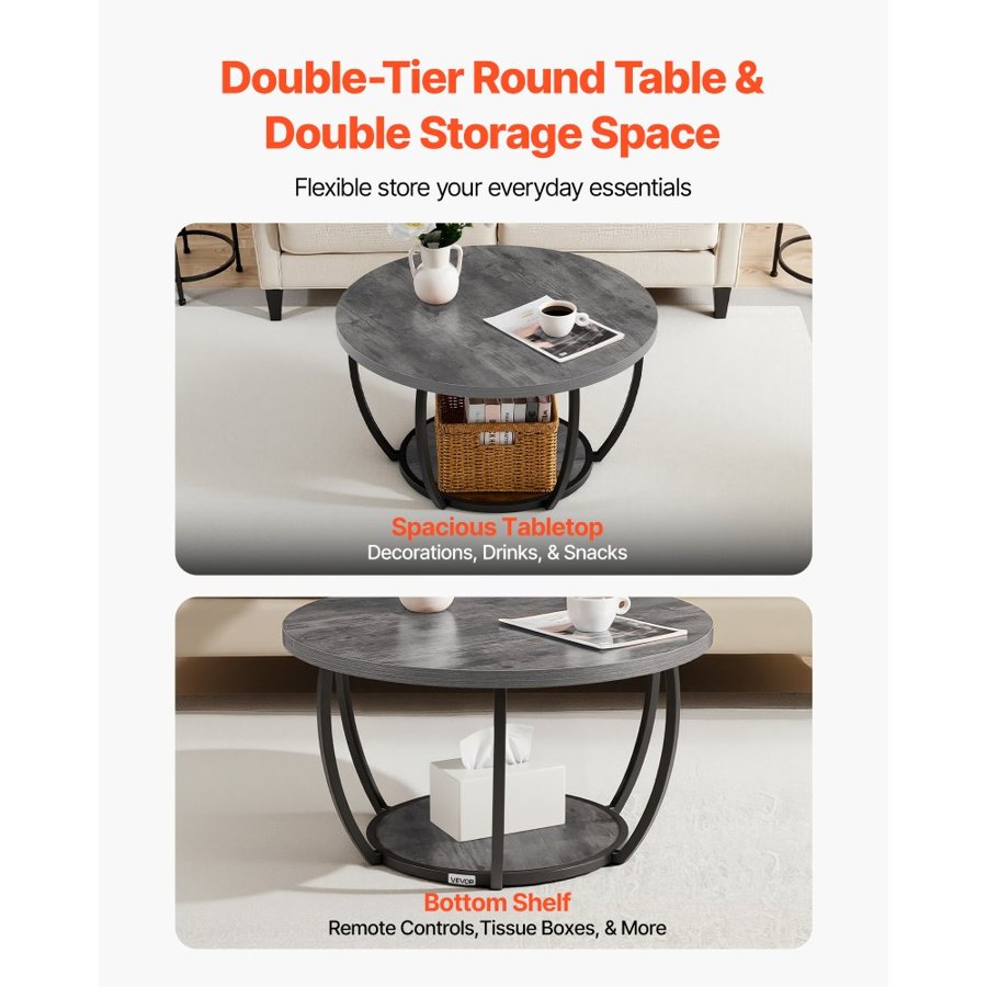 VEVOR Modern Round Coffee Table – 2-Tier, 31.6 In, Grey