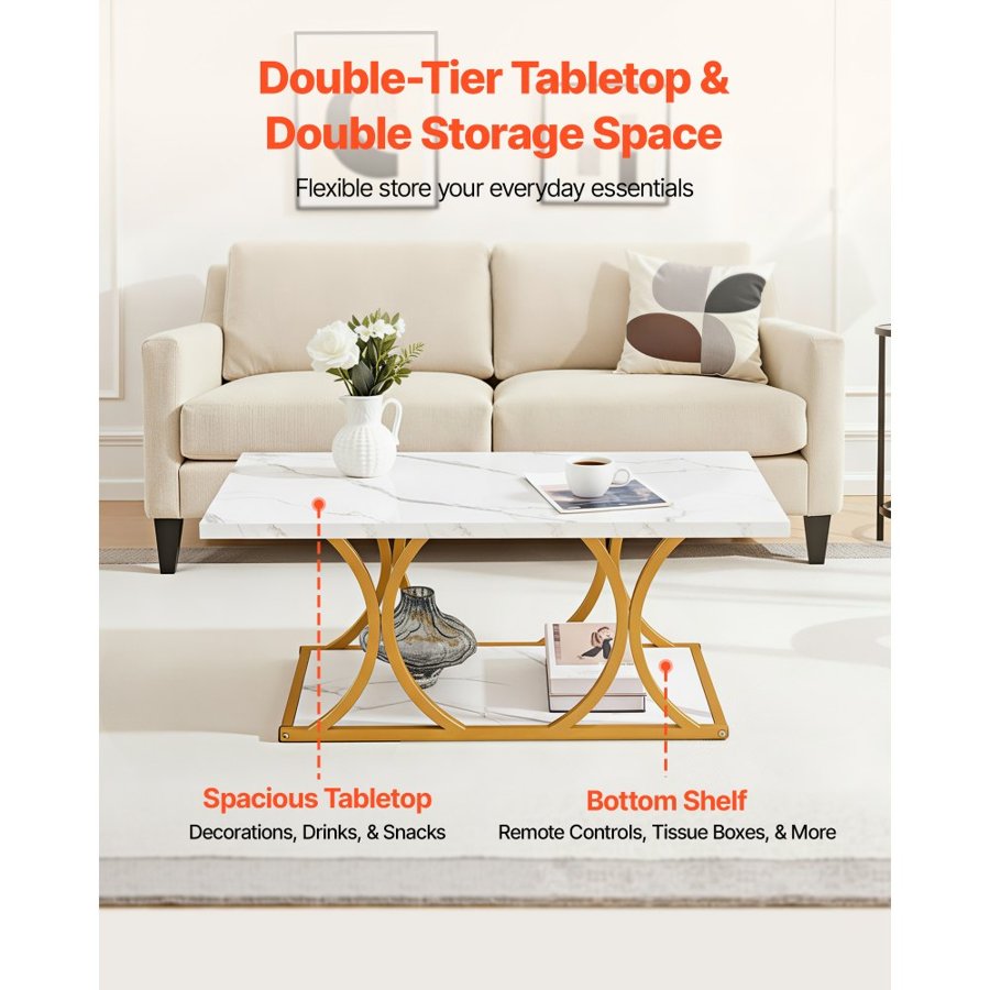 VEVOR Rectangle Faux Marble Coffee Table – 2T, White, 209Lb