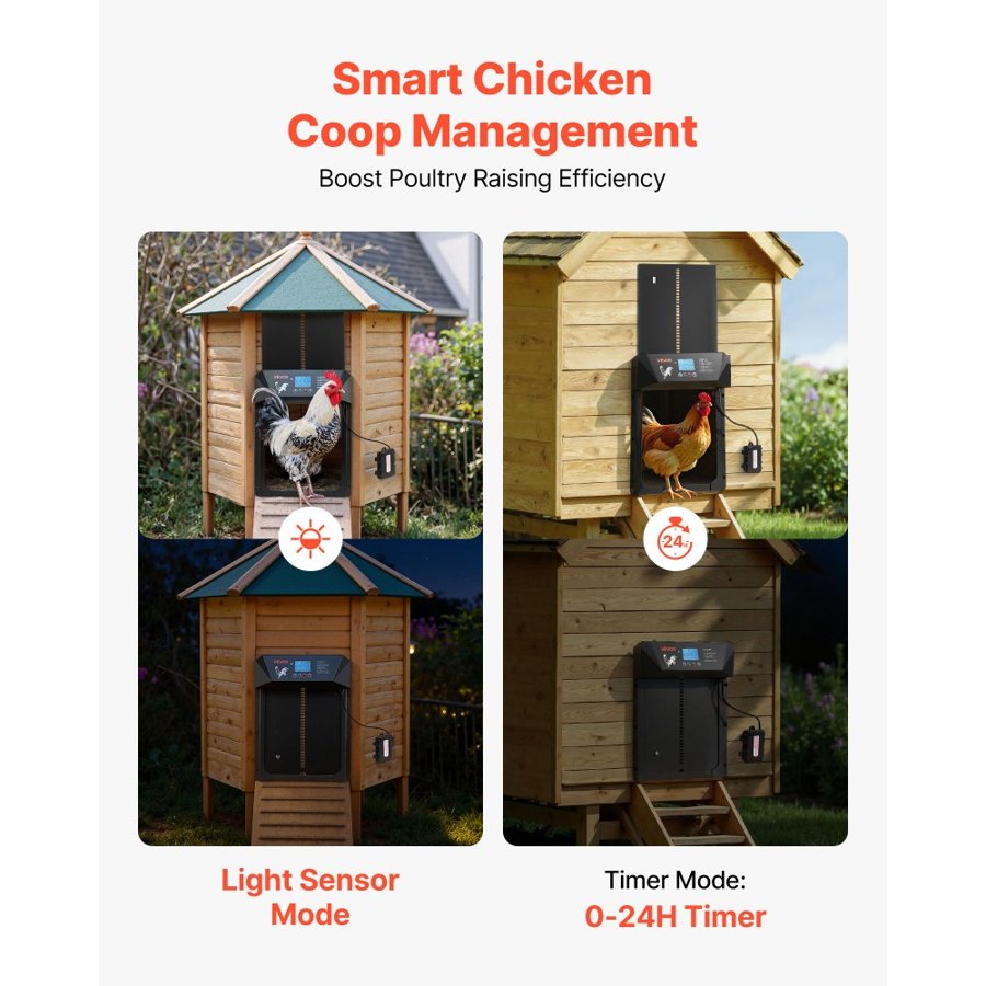 VEVOR Automatic Chicken Coop Door, DC & Battery Powered Chicken Door with LCD Display, Light Sensor, Timer & Manual Setting, Anti-Pinch Security, Durable Aluminum Alloy, Chick Run Gate Opener for Farm
