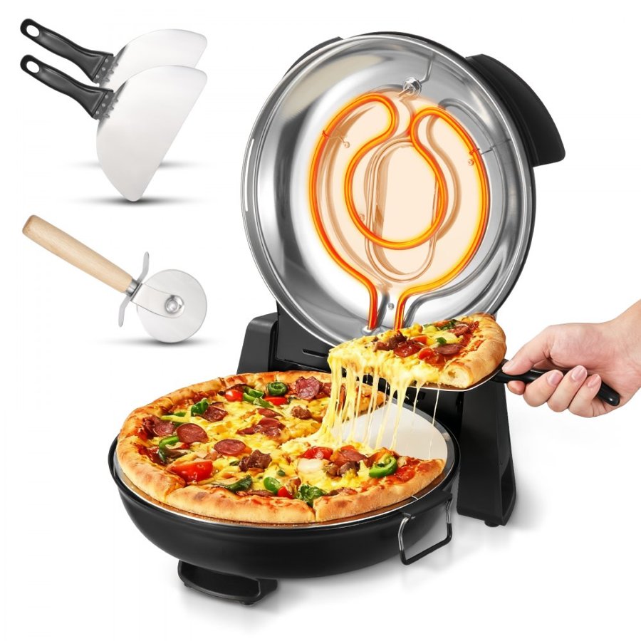 VEVOR Pizza Oven, 304.8 mm Electric Pizza Maker, 1200W Electric Pizzas Cooker with Cordierite Stone, 5-Mode Temperature Control, Viewing Window for Precise Cooking, Heats up to 420℃, for Home (Black)
