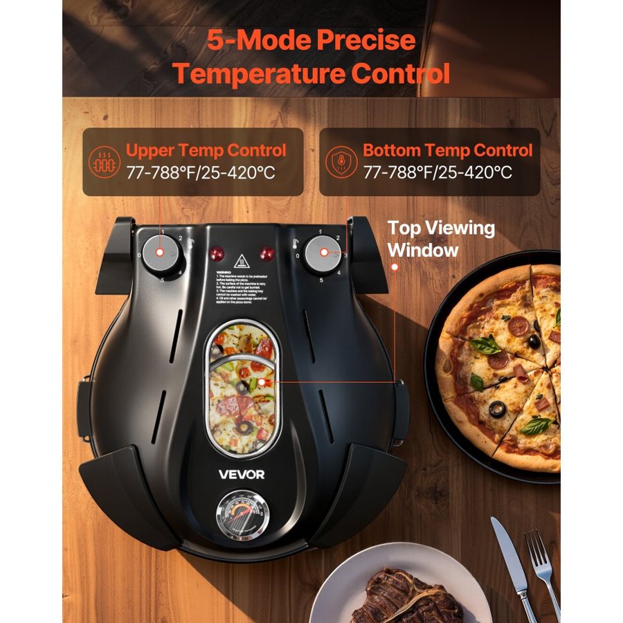 VEVOR Pizza Oven, 304.8 mm Electric Pizza Maker, 1200W Electric Pizzas Cooker with Cordierite Stone, 5-Mode Temperature Control, Viewing Window for Precise Cooking, Heats up to 420℃, for Home (Black)