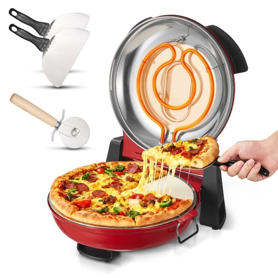 VEVOR Pizza Oven, 304.8 mm Electric Pizza Maker, 1200W Electric Pizzas Cooker with Cordierite Stone, 5-Mode Temperature Control, Viewing Window for Precise Cooking, Heats up to 420℃, for Home (Red)