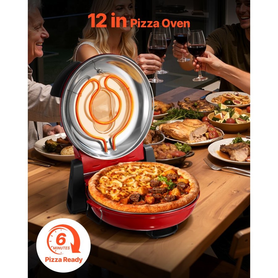 VEVOR Pizza Oven, 304.8 mm Electric Pizza Maker, 1200W Electric Pizzas Cooker with Cordierite Stone, 5-Mode Temperature Control, Viewing Window for Precise Cooking, Heats up to 420℃, for Home (Red)