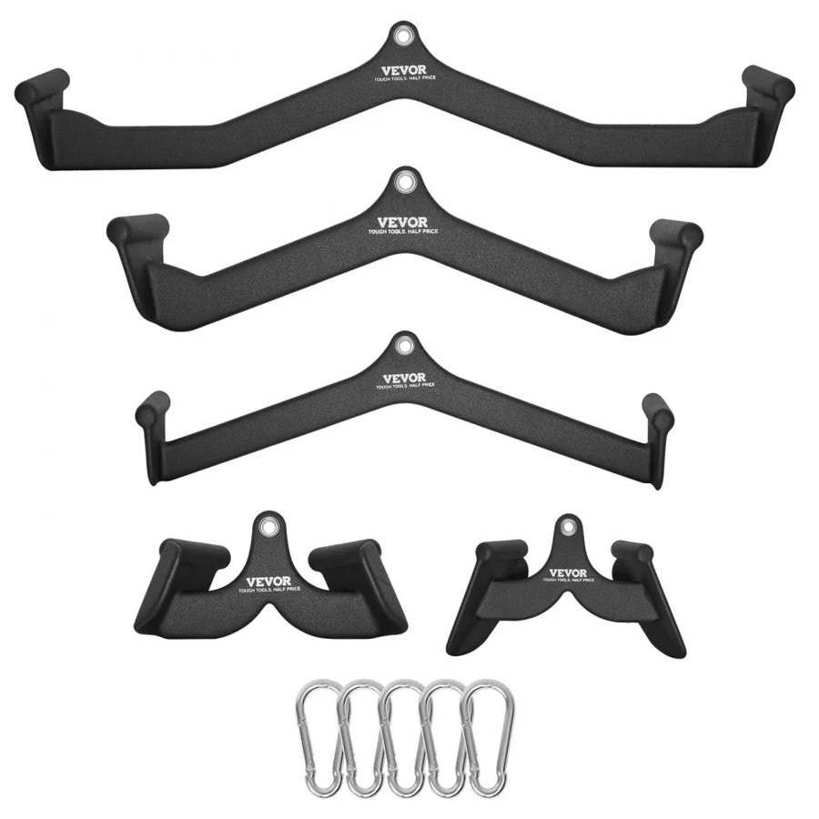 VEVOR LAT Pulldown Attachments, Cable Machine Rowing T-bar V-bar 5 Set, Tricep Pull Down Bar, Back Strength Training Rubber Coated Handle Grip, Bicep Curl Tricep Lat Pulldown Bar for Home Gym Fitness