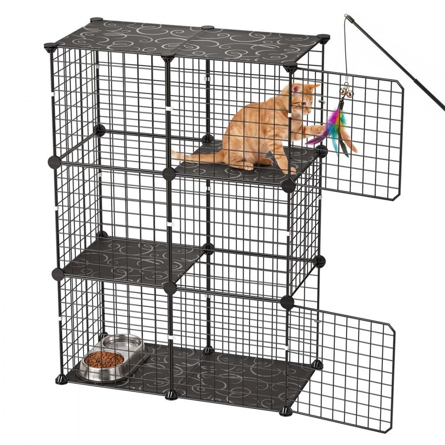 VEVOR Cat Cage 3-Tier 71.1x35.5x104.1 cm DIY Cat Playpen Indoor Enclosure, Detachable Metal Wire Kennel Crate, Large Exercise Place Ideal for 1-2 Cats, Kittens, Rabbits, Ferrets & Small Animals, Black