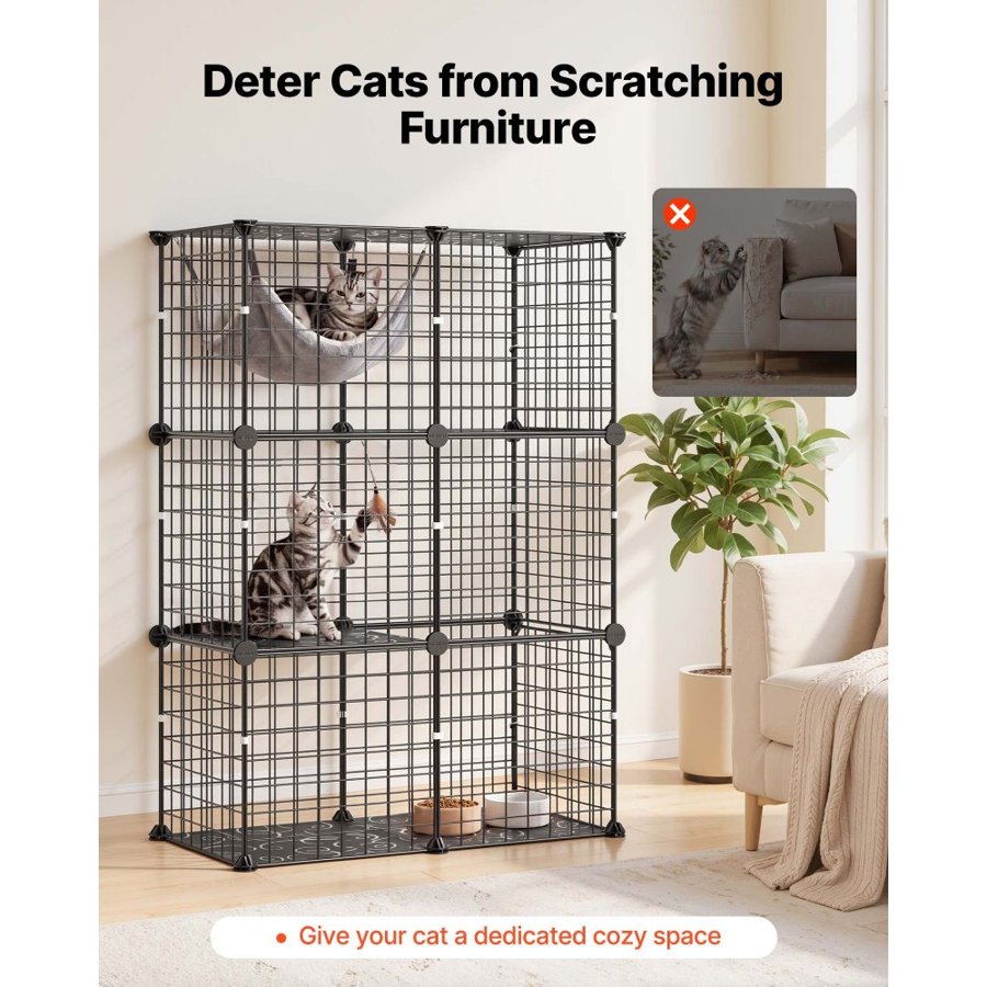 VEVOR Cat Cage 3-Tier 71.1x35.5x104.1 cm DIY Cat Playpen Indoor Enclosure, Detachable Metal Wire Kennel Crate, Large Exercise Place Ideal for 1-2 Cats, Kittens, Rabbits, Ferrets & Small Animals, Black