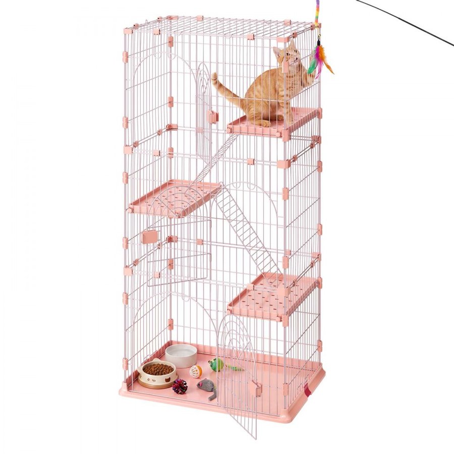 VEVOR Cat Cage 4-Tier 84 x 60.5 x 163.5 cm DIY Cat Playpen with Ladders, Indoor Enclosure Detachable Metal Wire Kennel Crate, Large Exercise Place for 1-2 Cats, Kittens, Ferrets, Small Animals, Pink