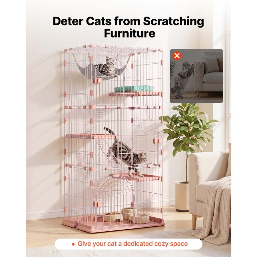 VEVOR Cat Cage 4-Tier 84 x 60.5 x 163.5 cm DIY Cat Playpen with Ladders, Indoor Enclosure Detachable Metal Wire Kennel Crate, Large Exercise Place for 1-2 Cats, Kittens, Ferrets, Small Animals, Pink