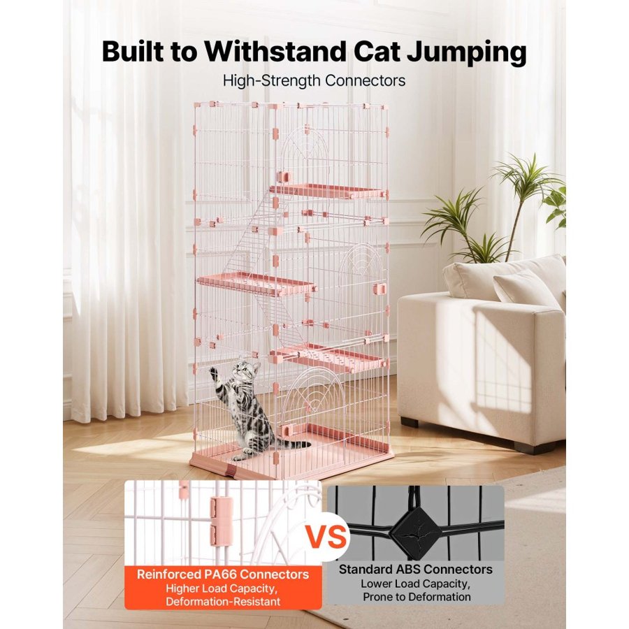 VEVOR Cat Cage 4-Tier 84 x 60.5 x 163.5 cm DIY Cat Playpen with Ladders, Indoor Enclosure Detachable Metal Wire Kennel Crate, Large Exercise Place for 1-2 Cats, Kittens, Ferrets, Small Animals, Pink
