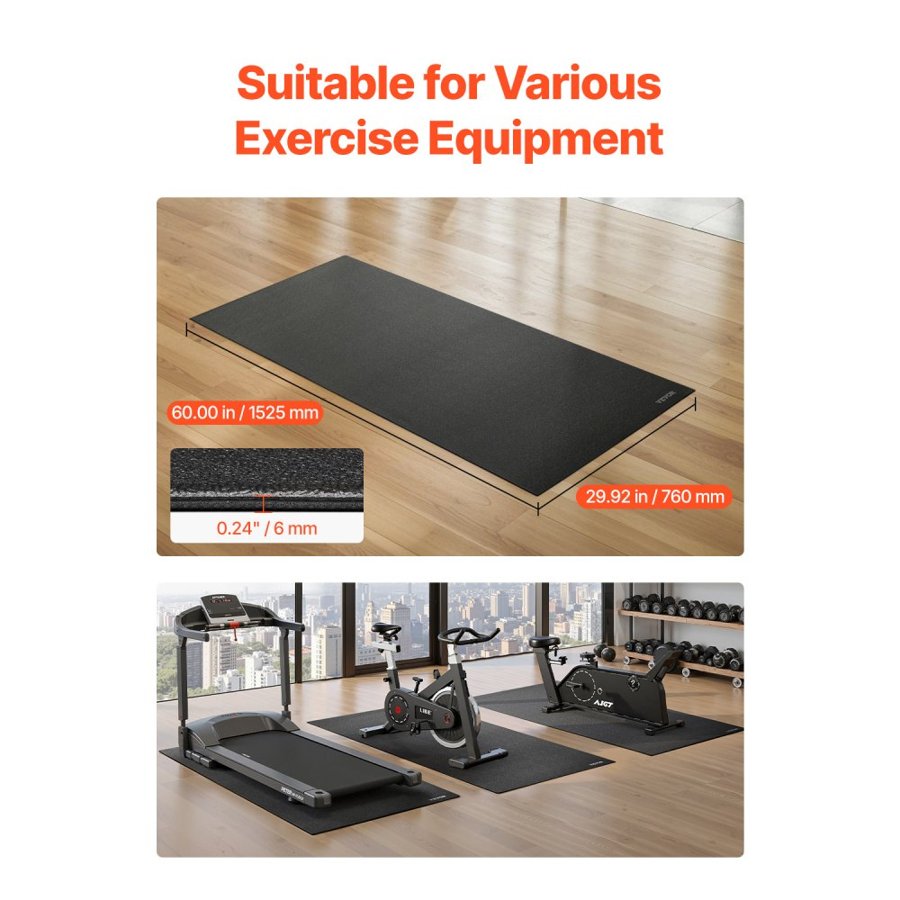VEVOR Treadmill Mat for Carpet Floor, 6 mm Thick, 760x1525 mm Exercise Equipment Mat for Treadmills, Stationary, Recumbent Bikes, High Density PVC Floor Protector, Waterproof and Non-slip for Home Gym
