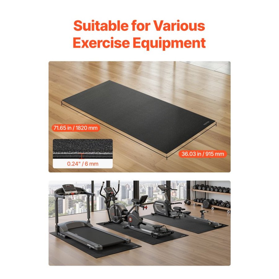 VEVOR Treadmill Mat for Carpet Floor, 6 mm Thick, 915x1820 mm Exercise Equipment Mat for Treadmills, Elliptical, Rowing Machine, High Density PVC Floor Protector, Waterproof and Non-slip for Home Gym