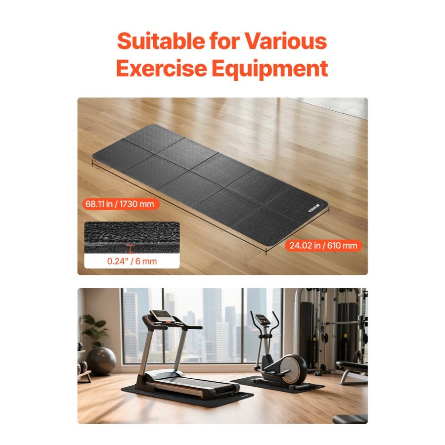 VEVOR Foldable Walking Pad Treadmill Mat, 6 mm Thick, 610x1730 mm Exercise Equipment Mat for Elliptical on Carpet Hardwood Floor, High Density PVC Floor Protector, Waterproof and Non-slip for Home Gym