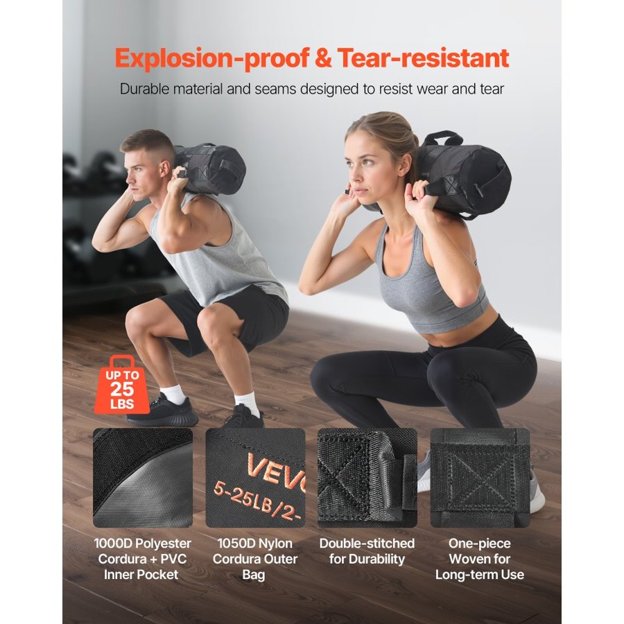 VEVOR Workout Sandbag, Heavy Duty Workout Power Bags with Handles, 2-11 kg Adjustable Slam Bag for Fitness Strength Weight Training Cross-Training, Home Gym Exercise, Black (Unfilled)