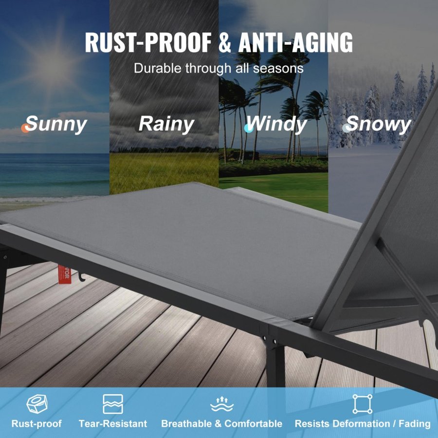 VEVOR Chaise Lounge Chairs Outdoor, Aluminum Patio Lounge Chairs with Adjustable 5-Position, Folding Pool Lounge Chairs Recliner and Full Flat Tanning Chairs for Patio, Beach, Pool, Dark Grey, 2 pcs