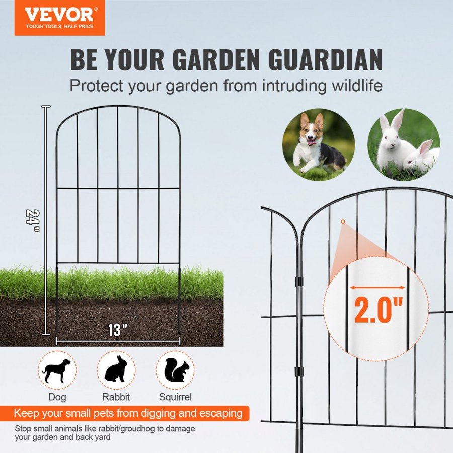 VEVOR Garden Fence, No Dig Fence 61 cm (H)x33 cm (L) Animal Barrier Fence, Underground Decorative Garden Fencing with 5.1 cm Spike Spacing, Metal Dog Fence for the Yard and Outdoor Patio, 10 Pack