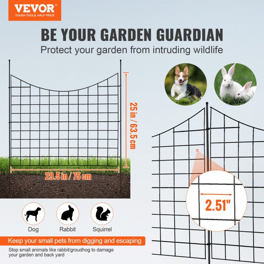 VEVOR Garden Fence, No Dig Fence 93 (H) x 75 cm (L) Animal Barrier Fence, Underground Decorative Garden Fencing with 16 cm Spike Spacing, Metal Dog Fence for the Yard and Outdoor Patio, 5 Pack