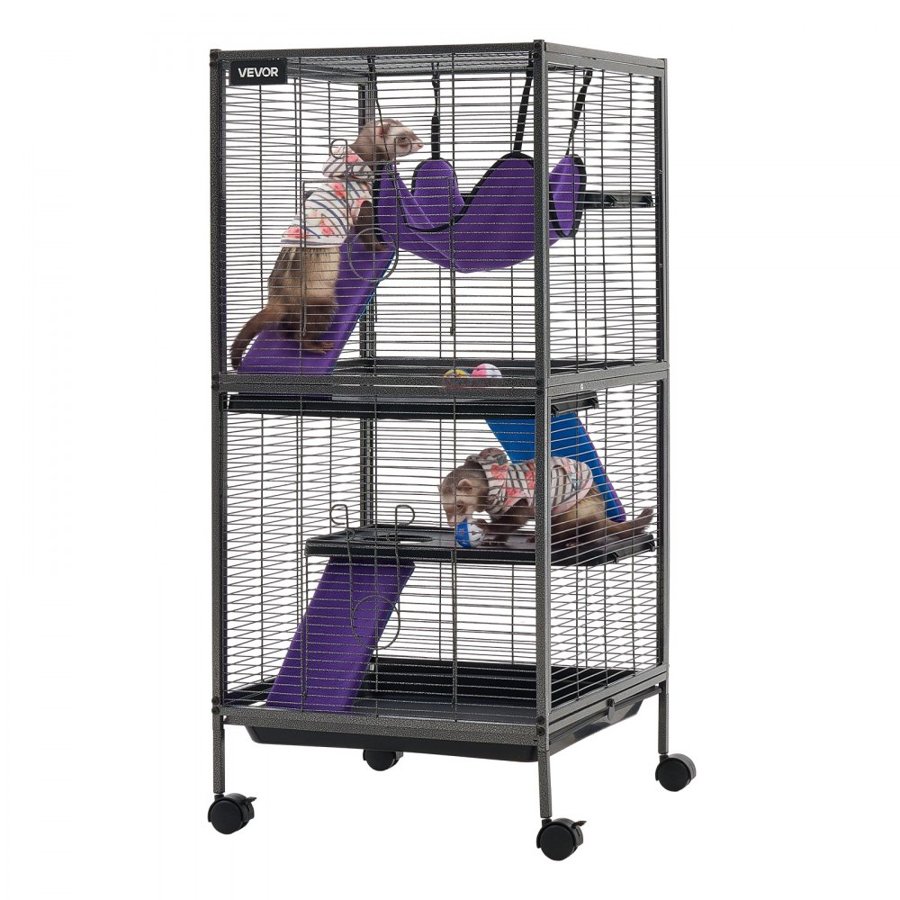 VEVOR Metal Small Animal Cage 113 cm 4-Tier Rolling Ferret Cage On Wheels, 13.97 mm Wire Spacing Large Cages with Hammock, Ramps, Tray & Doors for Ferret, Chinchilla, Sugar Glider, Guinea Pig, Rabbit