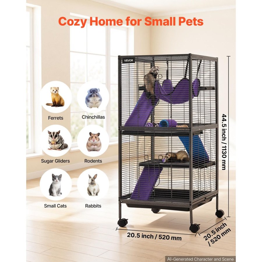 VEVOR Metal Small Animal Cage 113 cm 4-Tier Rolling Ferret Cage On Wheels, 13.97 mm Wire Spacing Large Cages with Hammock, Ramps, Tray & Doors for Ferret, Chinchilla, Sugar Glider, Guinea Pig, Rabbit