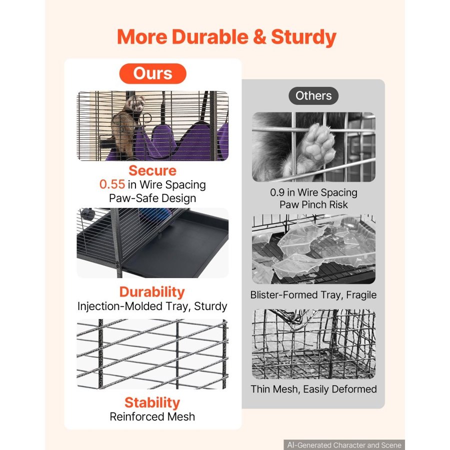 VEVOR Metal Small Animal Cage 113 cm 4-Tier Rolling Ferret Cage On Wheels, 13.97 mm Wire Spacing Large Cages with Hammock, Ramps, Tray & Doors for Ferret, Chinchilla, Sugar Glider, Guinea Pig, Rabbit