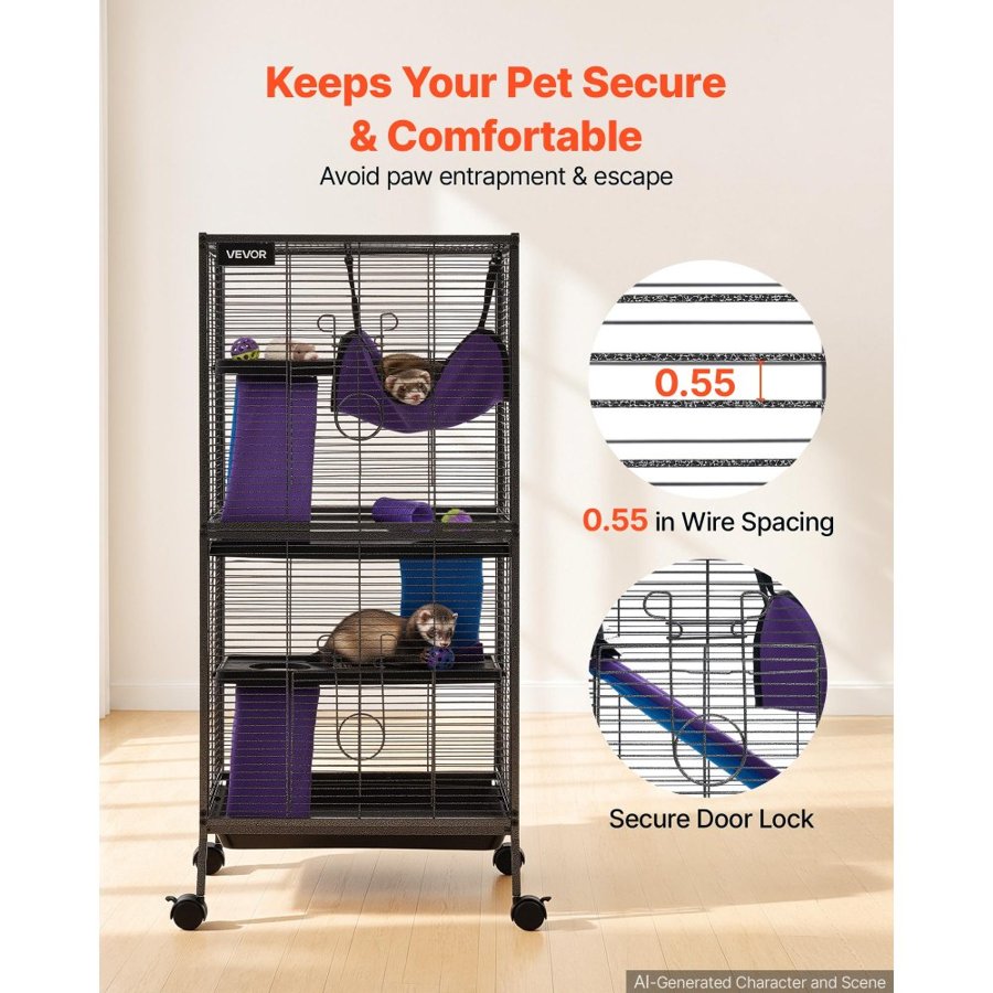VEVOR Metal Small Animal Cage 113 cm 4-Tier Rolling Ferret Cage On Wheels, 13.97 mm Wire Spacing Large Cages with Hammock, Ramps, Tray & Doors for Ferret, Chinchilla, Sugar Glider, Guinea Pig, Rabbit