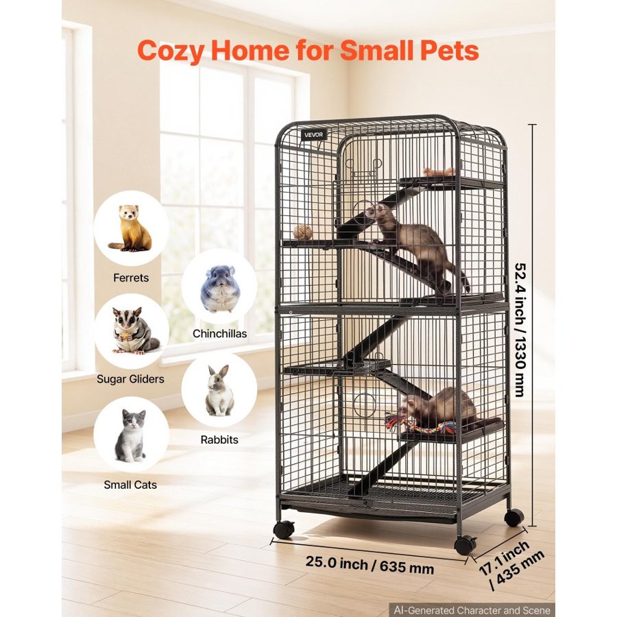VEVOR Metal Small Animal Cage 133 cm 6-Tier Rolling Ferret Cage On Wheels, 25.4 mm Wire Spacing Large Cages with Ramps, Platform, Tray & Doors for Ferret, Chinchilla, Sugar Glider, Small Cat, Rabbit