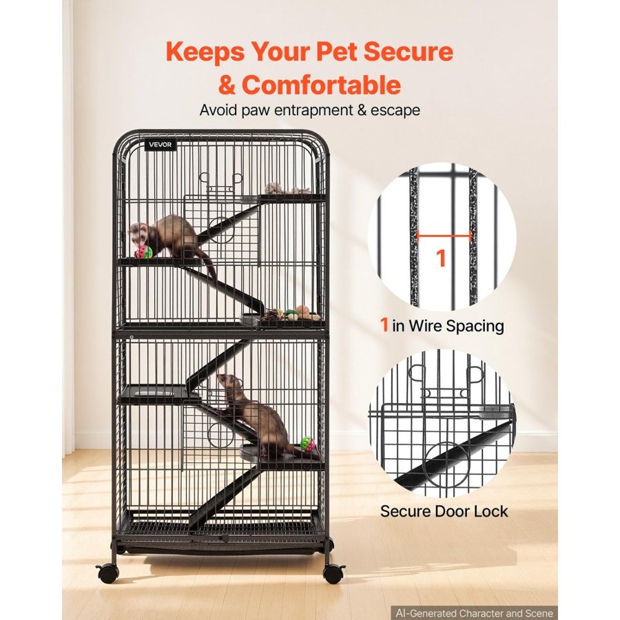 VEVOR Metal Small Animal Cage 133 cm 6-Tier Rolling Ferret Cage On Wheels, 25.4 mm Wire Spacing Large Cages with Ramps, Platform, Tray & Doors for Ferret, Chinchilla, Sugar Glider, Small Cat, Rabbit