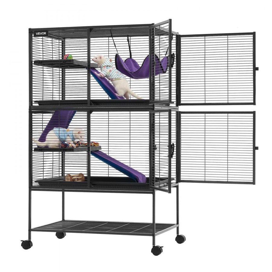VEVOR Metal Small Animal Cage 130 cm 4-Tier Rolling Ferret Cage On Wheels, 13.97 mm Wire Spacing Large Cages with Hammock, Ramps, Tray & Doors for Ferret, Chinchilla, Sugar Glider, Guinea Pig, Rabbit