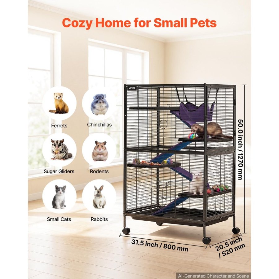 VEVOR Metal Small Animal Cage 127 cm 5-Tier Rolling Ferret Cage On Wheels, 13.97 mm Wire Spacing Large Cages with Hammock, Ramps, Tray & Doors for Ferret, Chinchilla, Sugar Glider, Guinea Pig, Rabbit