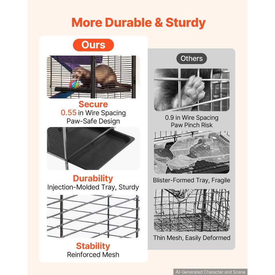 VEVOR Metal Small Animal Cage 127 cm 5-Tier Rolling Ferret Cage On Wheels, 13.97 mm Wire Spacing Large Cages with Hammock, Ramps, Tray & Doors for Ferret, Chinchilla, Sugar Glider, Guinea Pig, Rabbit