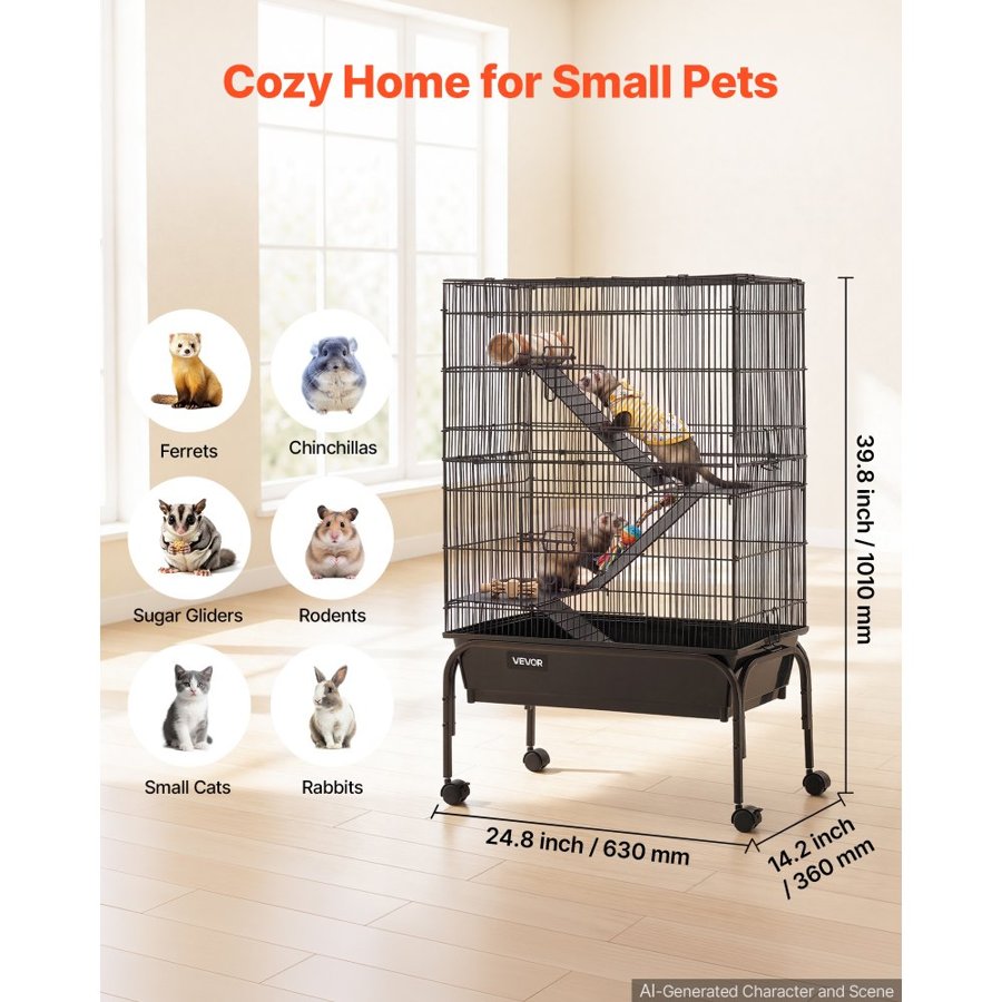 VEVOR Metal Small Animal Cage 101 cm 3-Tier Rolling Ferret Cage On Wheels, 13.97 mm Wire Spacing Large Cages with Hammock, Ramps, Tray & Doors for Ferret, Chinchilla, Sugar Glider, Guinea Pig, Rabbit