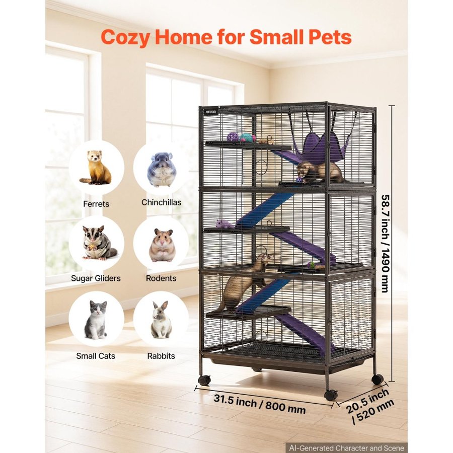 VEVOR Metal Small Animal Cage 149 cm 6-Tier Rolling Ferret Cage On Wheels, 13.97 mm Wire Spacing Large Cages with Hammock, Ramps, Tray & Doors for Ferret, Chinchilla, Sugar Glider, Guinea Pig, Rabbit