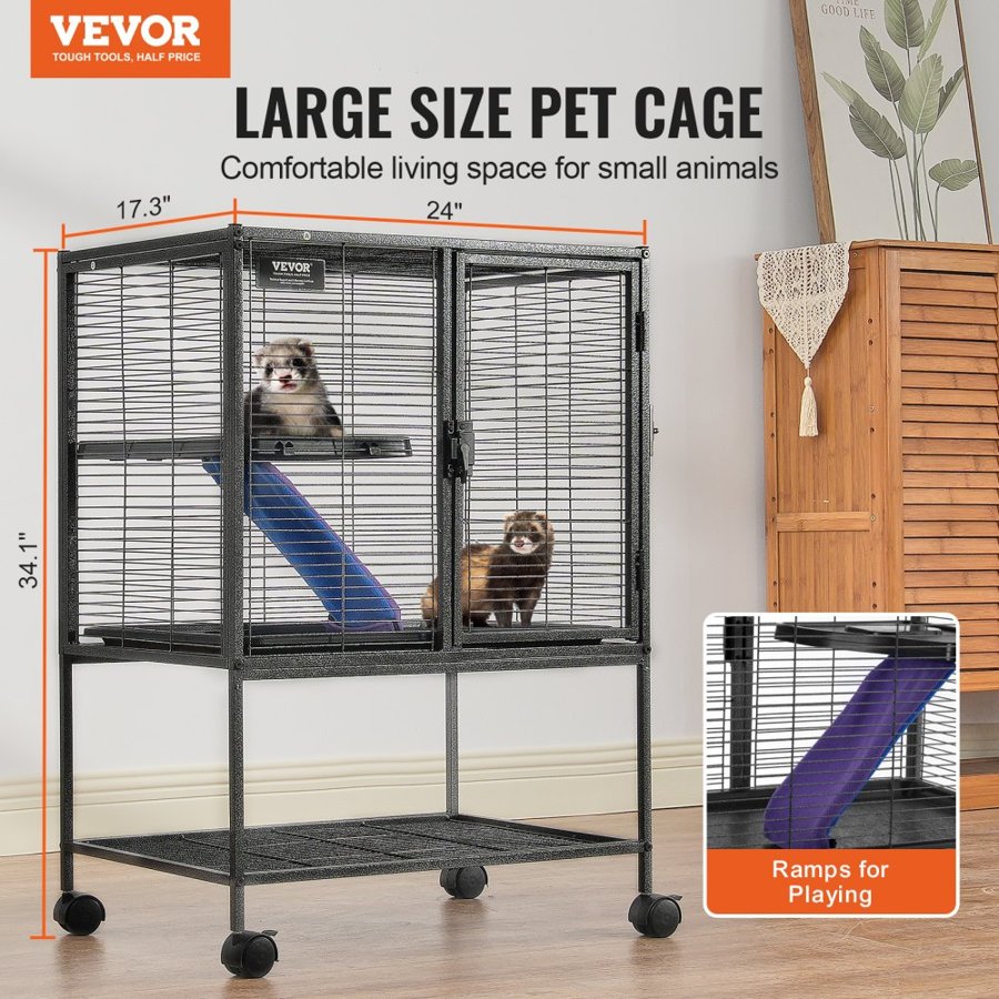 VEVOR 34" Rolling Metal Ferret Cage, Large 2-Tier Critter Nation Cage, Small Animal Cage with Ramps & Tray, Easy to Set up for Pet Rats, Hamster, Guinea Pig, Chinchilla, Squirrel, Hedgehogs, Bunny