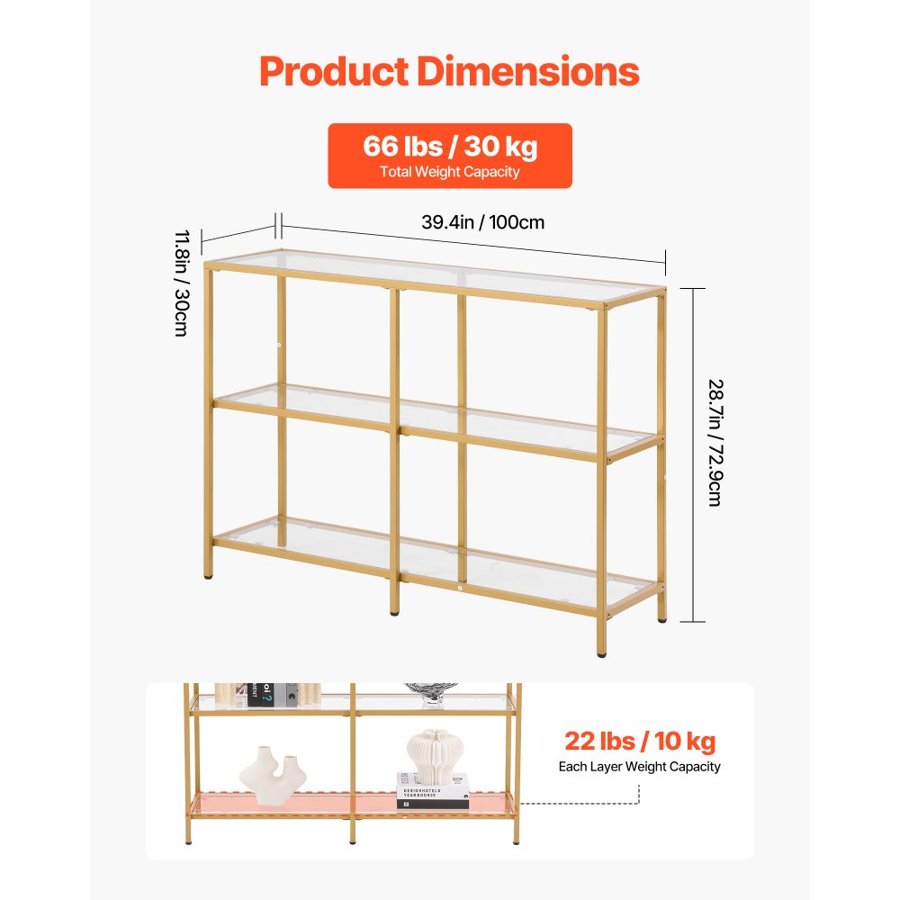 VEVOR 3-Tier Glass Console Table, Modern Rectangle Sofa Side Table with Tempered Glass Top and Iron Legs, Golden Consloe Desk with Anti-Tip Device for Living Room, Hallway, Entryway, Foyer, Golden