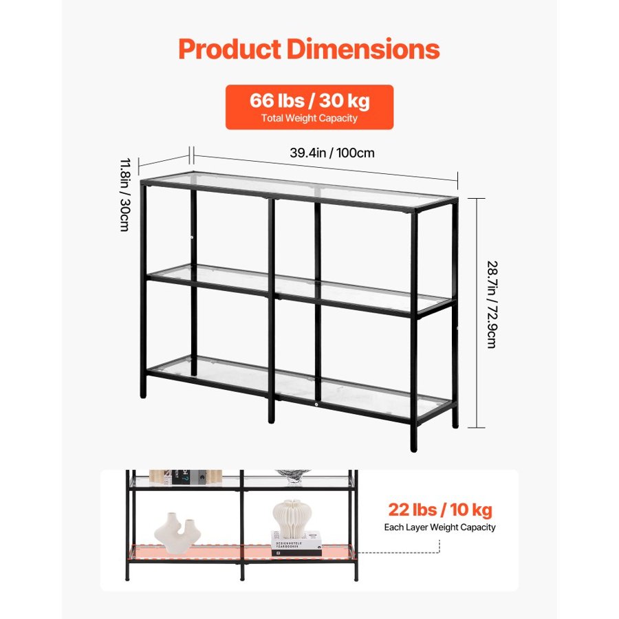 VEVOR 3-Tier Glass Console Table, Modern Rectangle Sofa Side Table with Tempered Glass Top and Iron Legs, Golden Consloe Desk with Anti-Tip Device for Living Room, Hallway, Entryway, Foyer, Black