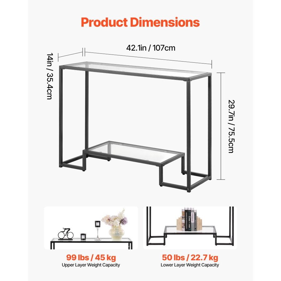 VEVOR 2-Tier Glass Console Table, Modern Rectangle Sofa Side Table with Tempered Glass Top and Iron Legs, Golden Consloe Desk with Anti-Tip Device for Living Room, Hallway, Entryway, Foyer, Black